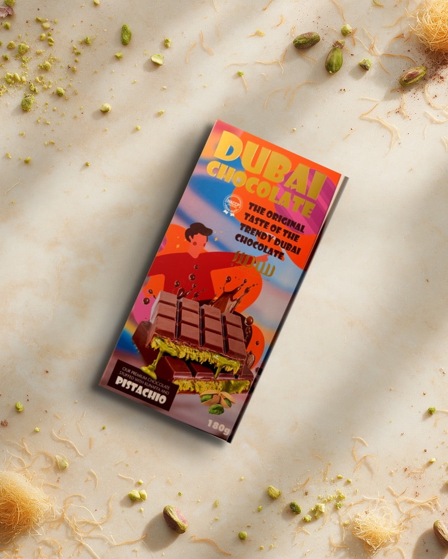 La tablette Dubai Chocolate posée sur du marbre clair avec pistaches et kunafa