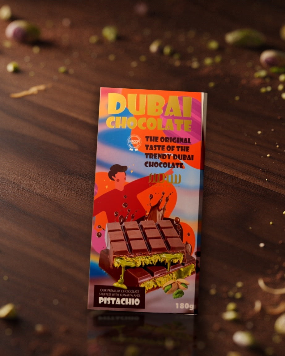 La tablette Dubai Chocolate sur une table en noyer, entourée de pistaches et de kunafa