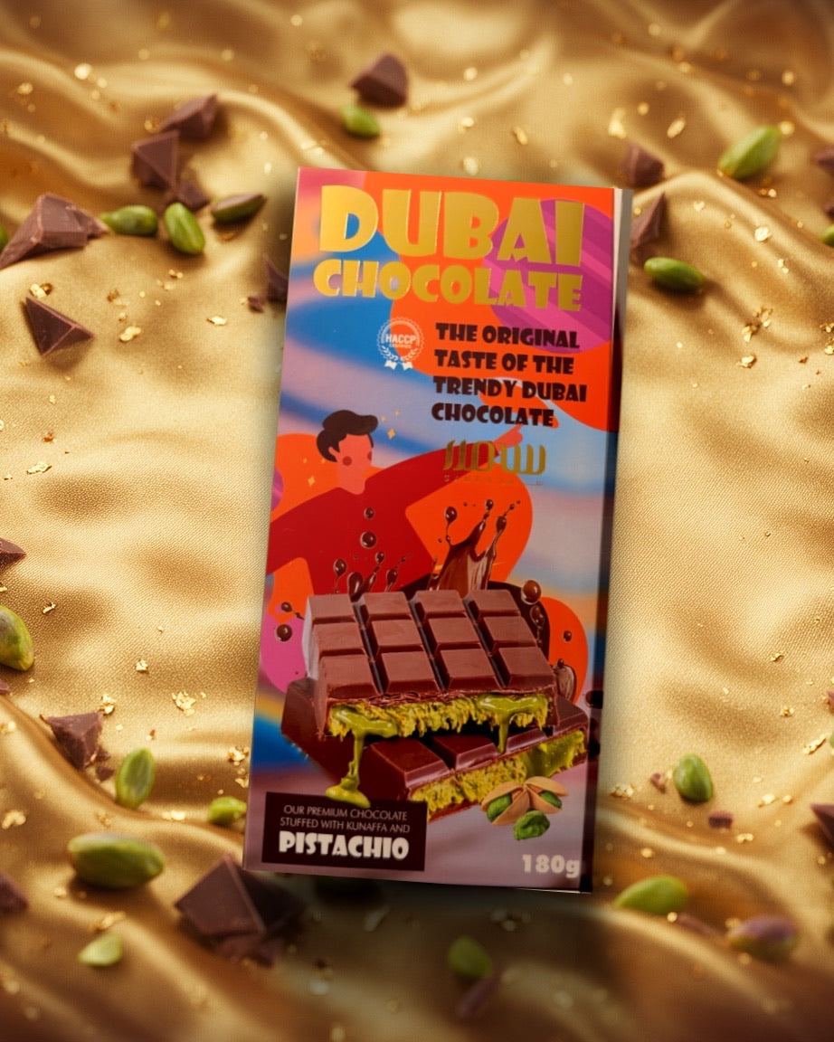 La tablette Dubai Chocolate sur une soie dorée avec pistaches et chocolat fondu