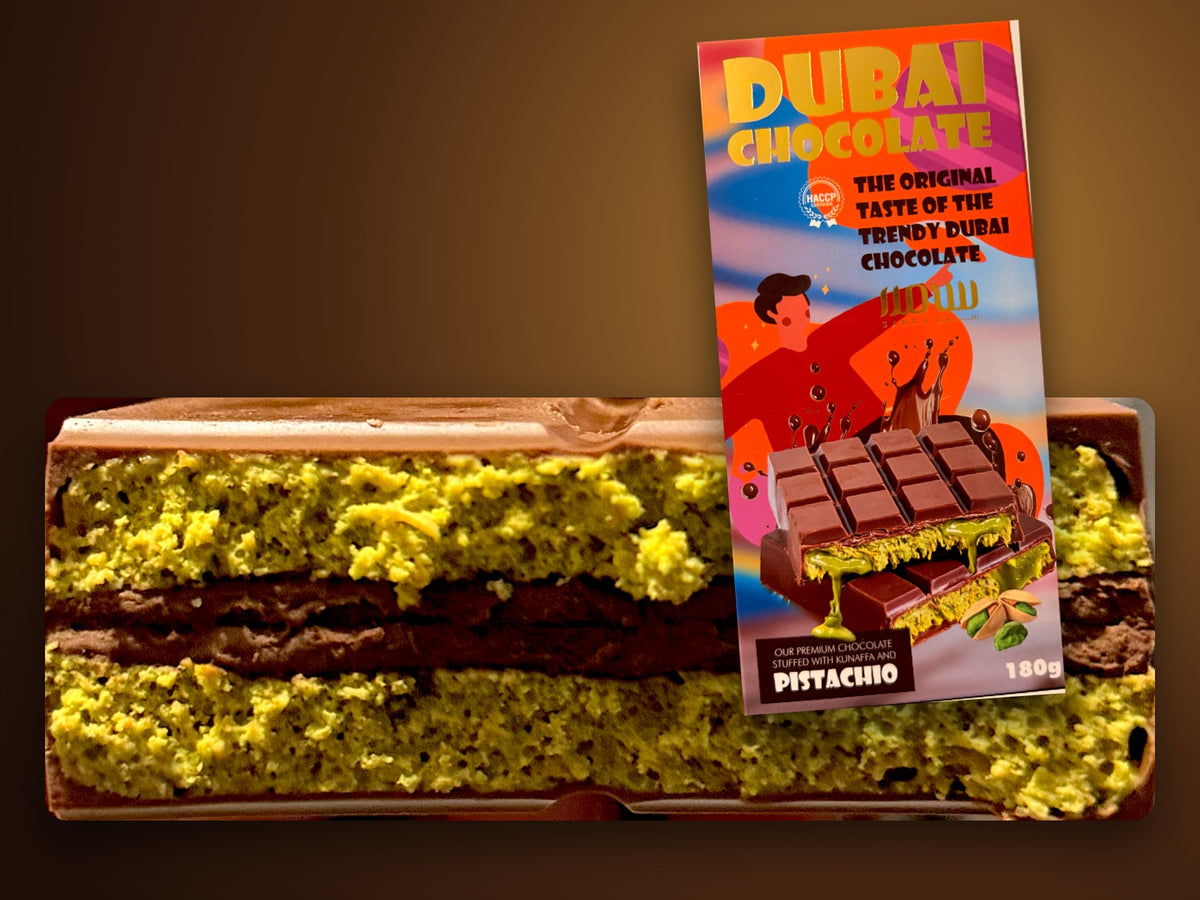 La tablette Dubai Chocolate et sa coupe pistache et kunafa
