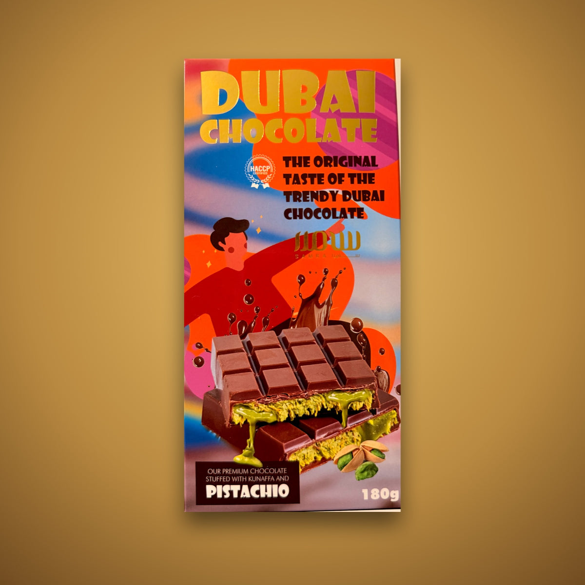 Tablette Dubai Chocolate pistache et kunafa 180 g, emballage de face